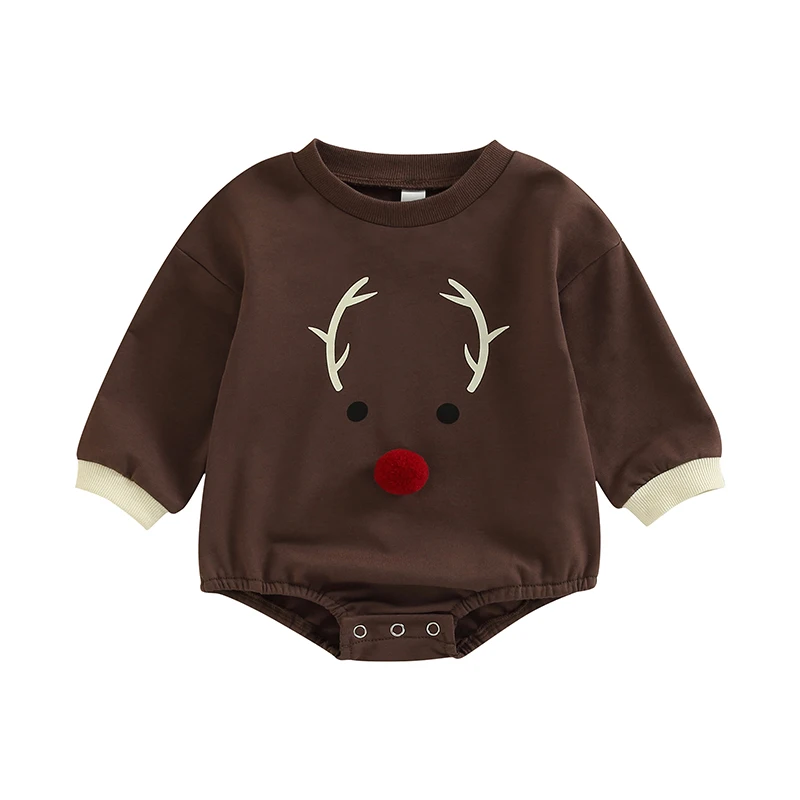 2022 Infant Baby Christmas Jumpsuit Newborn Toddler Cartoon Elk Print Long Sleeve Round Neck Bodysuits for Boys Girls Clothing