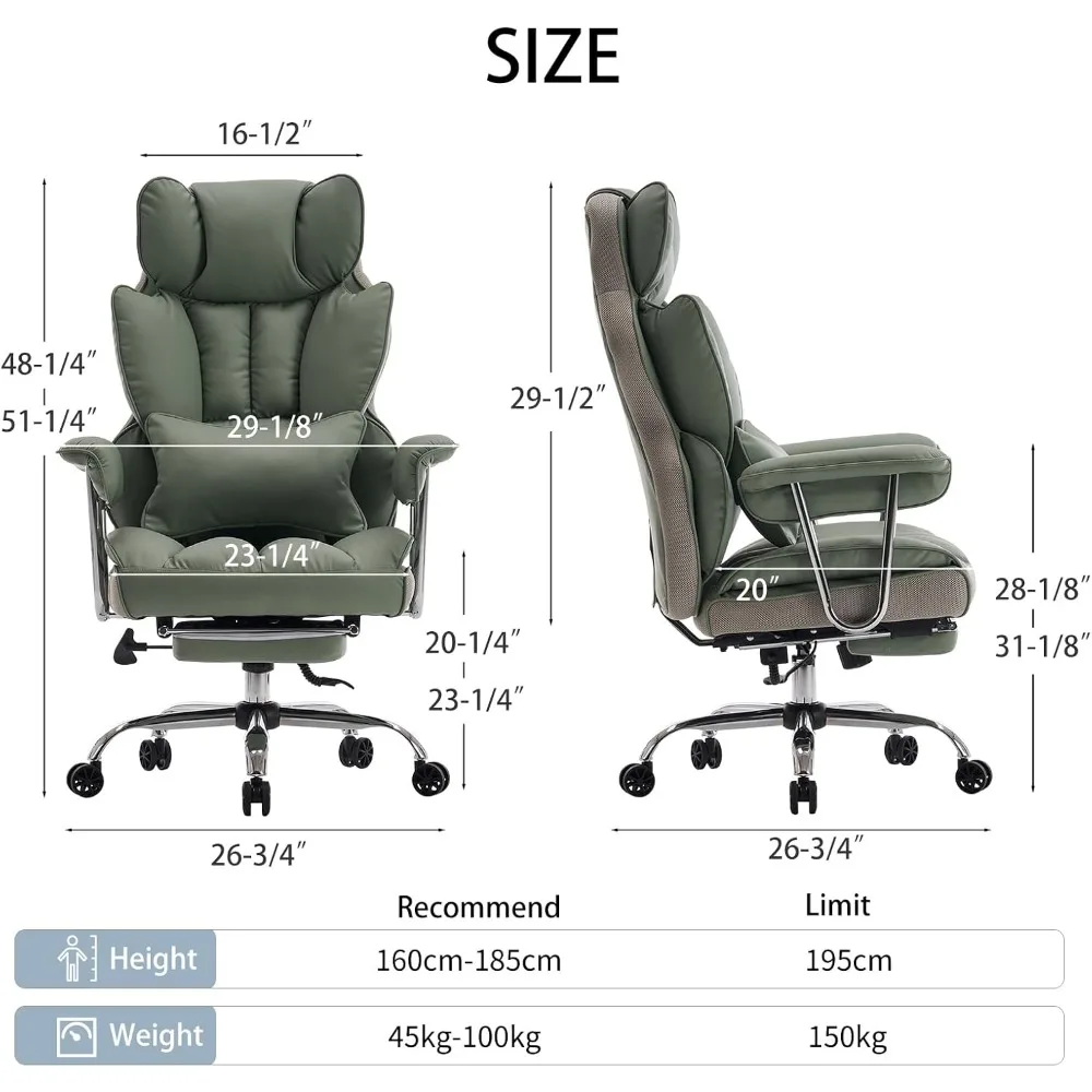 Executive Office Chair for Heavy People, High Back Computer Chair with Foot Rest, Height Adjustable PU Leather Office Chair