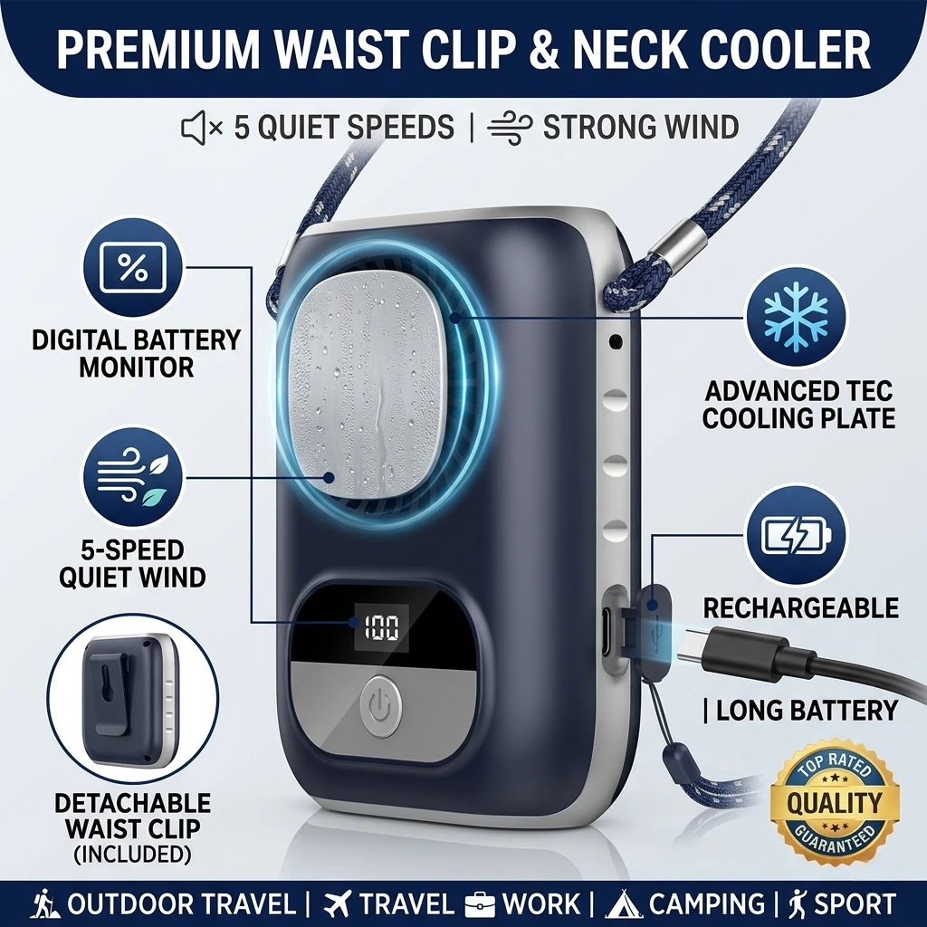 Portable Waist Clip Fan Neck Hanging 5 Quiet Speeds USB Rechargeable Strong Wind Long Battery For Outdoor Travel Work Cooling