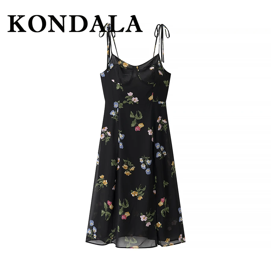 KONDALA Chic Print Floral Women Dress Cami Asymmetrical Sexy Beach Split Midi Dress Slim Fashion 2025 Summer Female Sexy Vestido