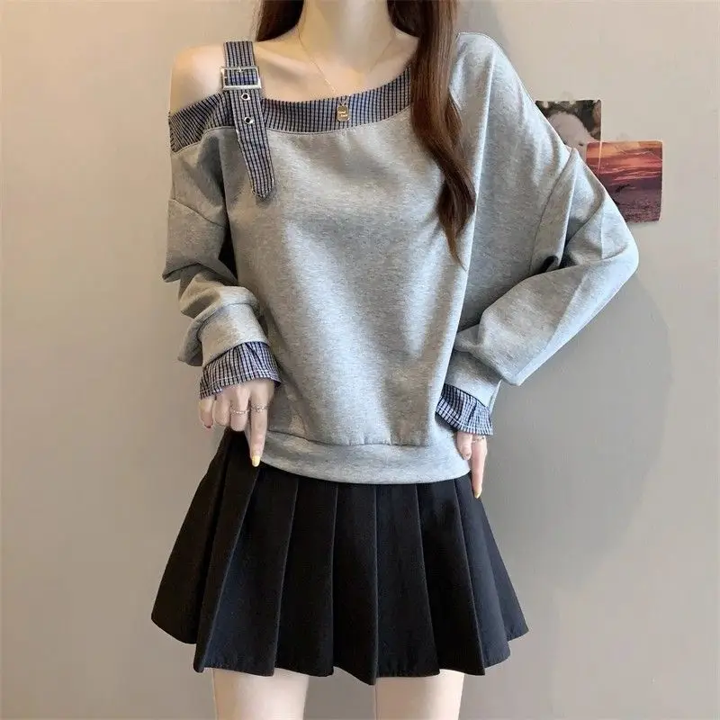 Falso dois listrado oco para fora preguiçoso hoodies moletom primavera outono manga longa solta casual topos moda tendência roupas femininas