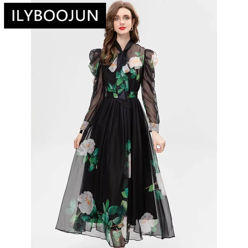 

ILYBOOJUN Autumn Fashion Designer Vintage Floral Print Dress Women Lantern Sleeve Bow-frenulum High Waist Slim A-LINE Long Dress