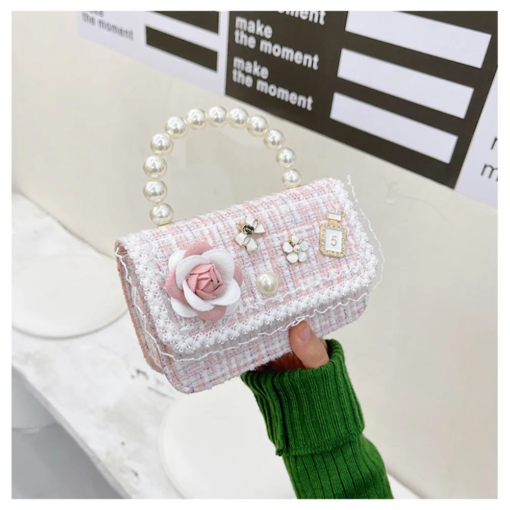 New Flower Decoration Small Square Bag Mini Korean Style Shoulder Bag Pearl Handle Crossbody Bags Girls