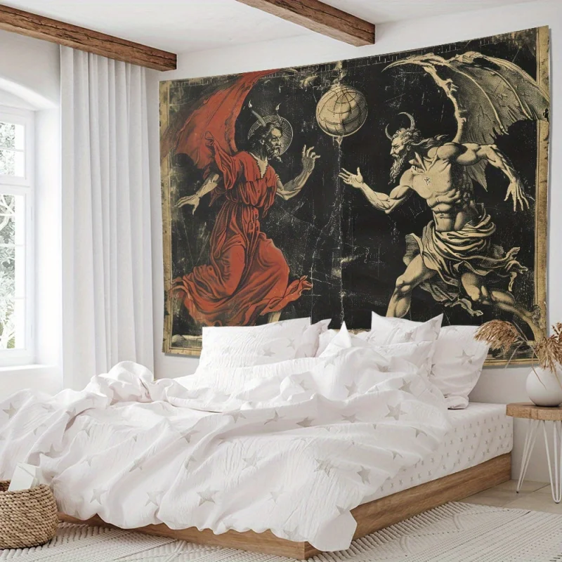 VIKAMA Vintage Demon Vs Devil Tapestry, Dark Art Occult Wall Hanging, Gothic Aesthetic Room Decor For Bedroom