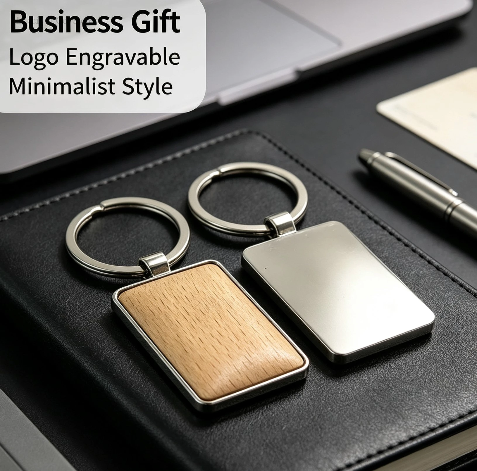 Rectangular Blank Beech Wood Alloy Metal Key Ring Keychain Pendant Charm Custom Laser Engravable Business Gift