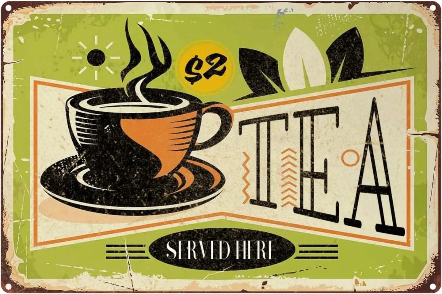 Tea Tin Signs,Hot Tea Service Here on Green Background Vintage Metal Tin Sign for Men Women,Wall Decor Funny Retro Signs fo sign