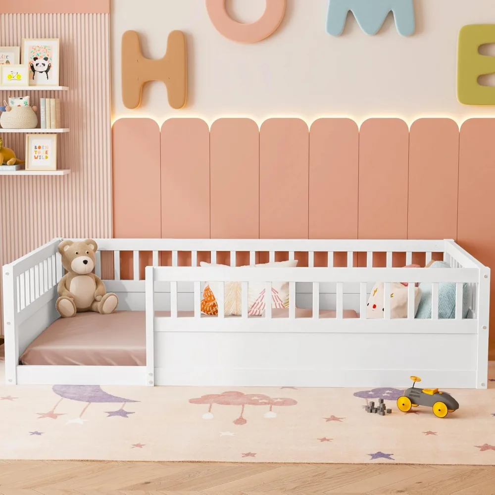 Cama de chão montessori de tamanho duplo, estrutura de casa de brincar de madeira maciça com cerca alta de segurança para crianças, meninas, meninos, quarto