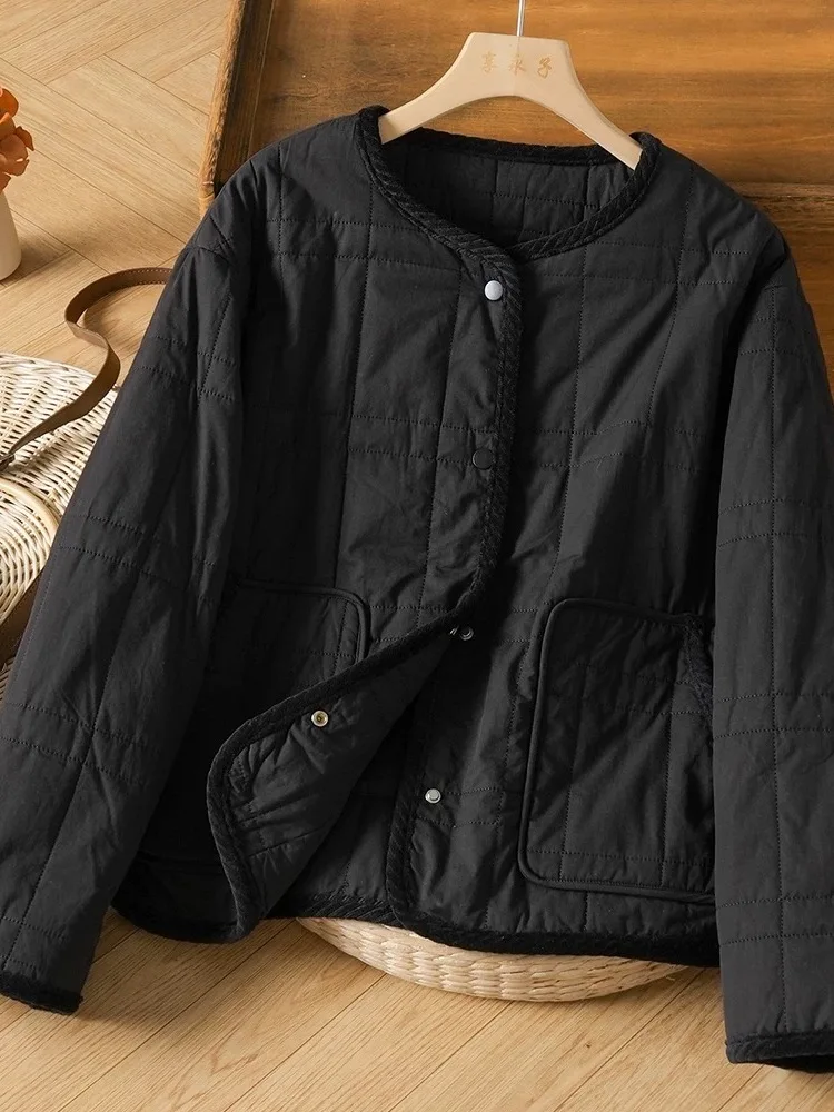 

Retro Thiened Waed Cotton Jaet Long id Seng Winter Coat Fem Casual Sle round Ne Single Button Closure Coat