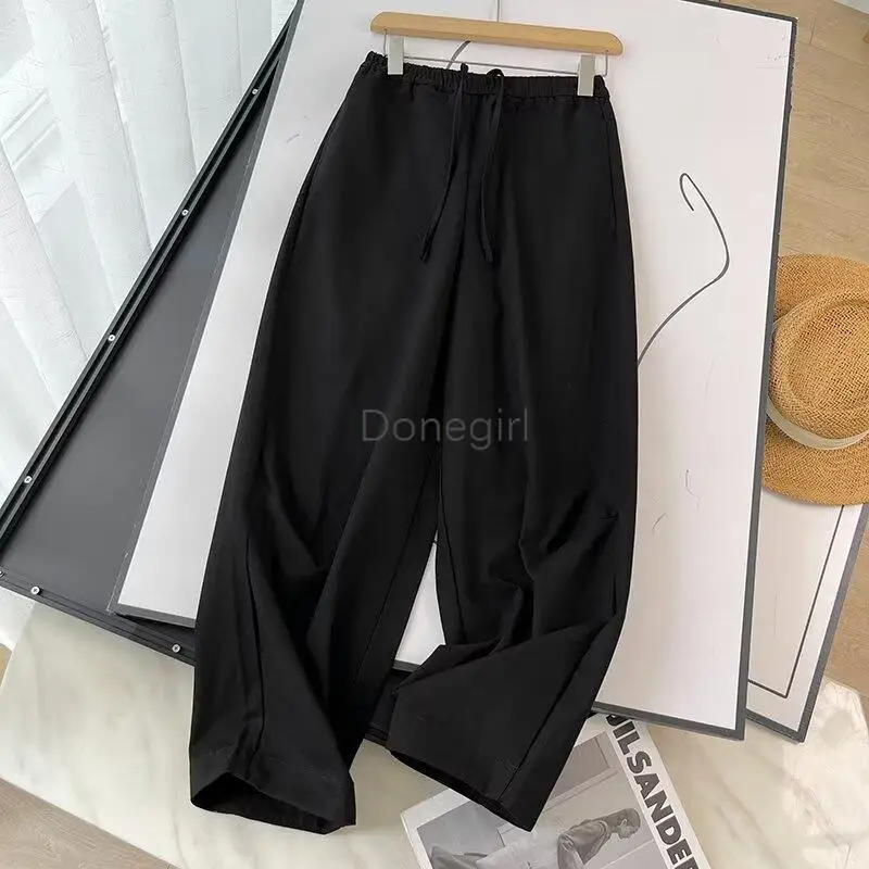 Donegirl 2024 Spring Summer New Women Fashion Drawstring Elastic Waist Wide Leg Pants Commute Versatile Trousers Female Chic