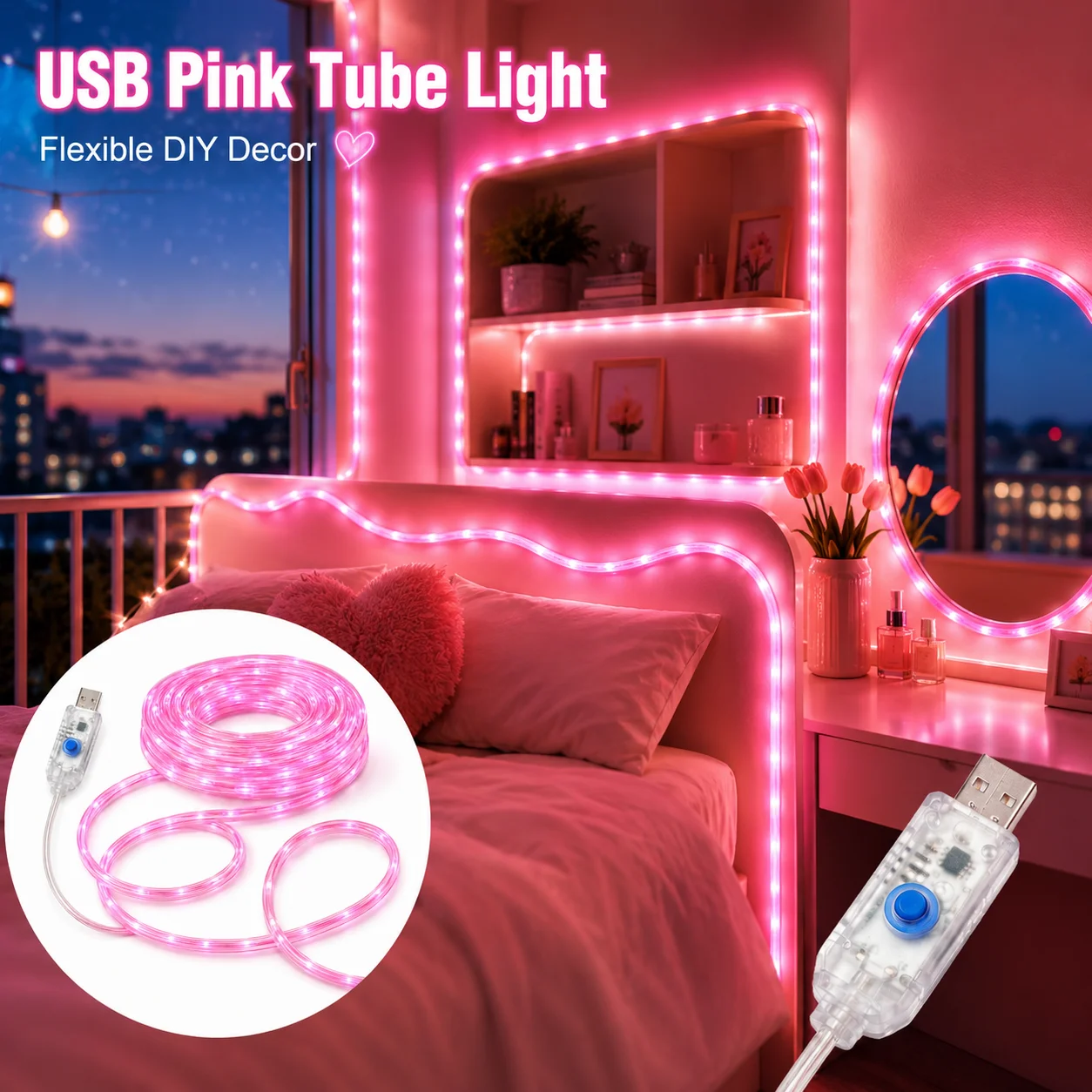Luces LED de Cuerda Rosadas, Tubo de Luz USB de 7-22M, 50-200 LED, Luces de Neón Flexibles para Decoración de Dormitorio, Fiesta, Balcón, Navidad, Halloween