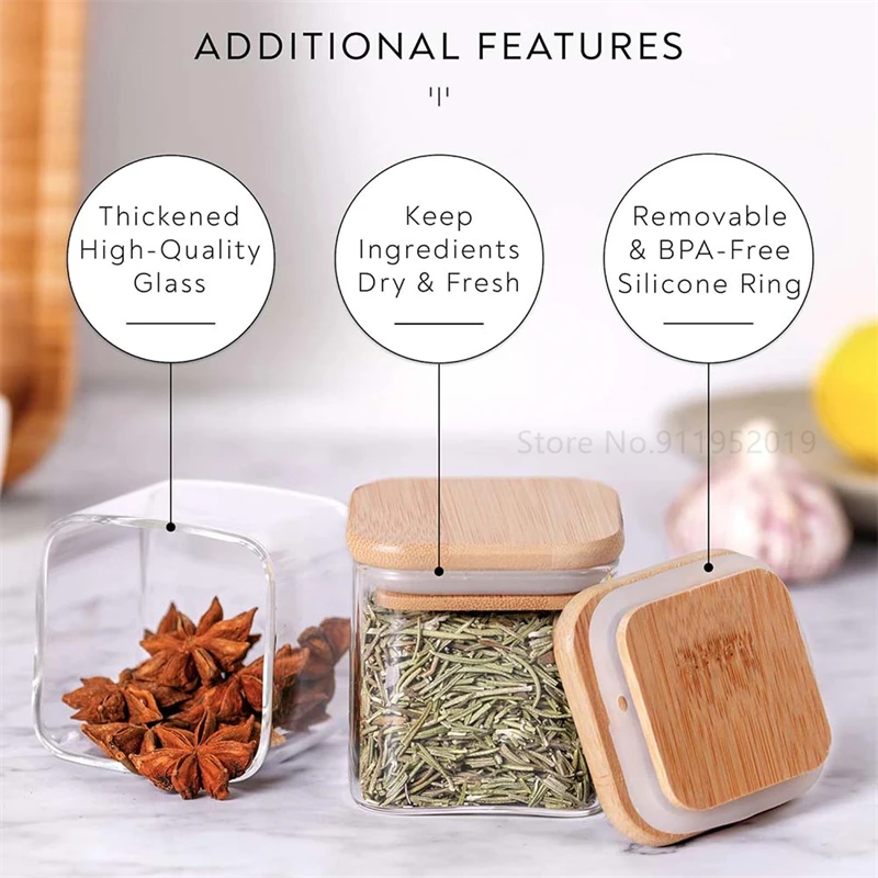 5oz Glass Jars Set with Spice Labels,Square Spice Jars with Bamboo Lids/Sticker Labels, Food Storage Container Canisters