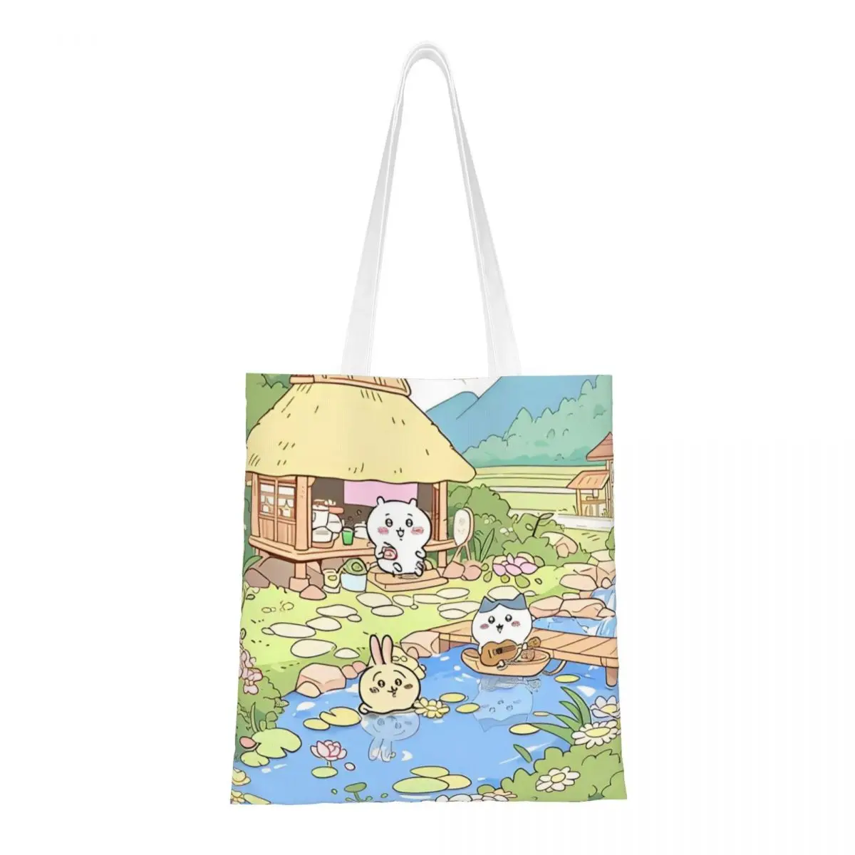 Cute Chiikawa Kawaii Cartoon Canvas Tote Bag Reusable Large Capacity Grocery Bag for Unisex Japanese Anime Student Bags