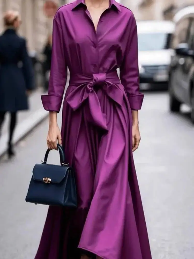 Feminino casual manga sólida longa moda lapela drapeado robe camisa elegante único breasted amarrar cintura vestido de festa