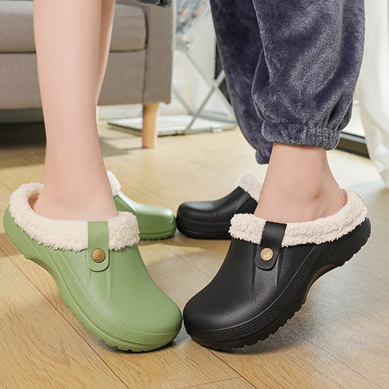 Smile Pop Plush Clogs Slippers For Women Classic Winter Waterproof House Women Slippers With Padded Soft EVA Warm Garden Shoes
