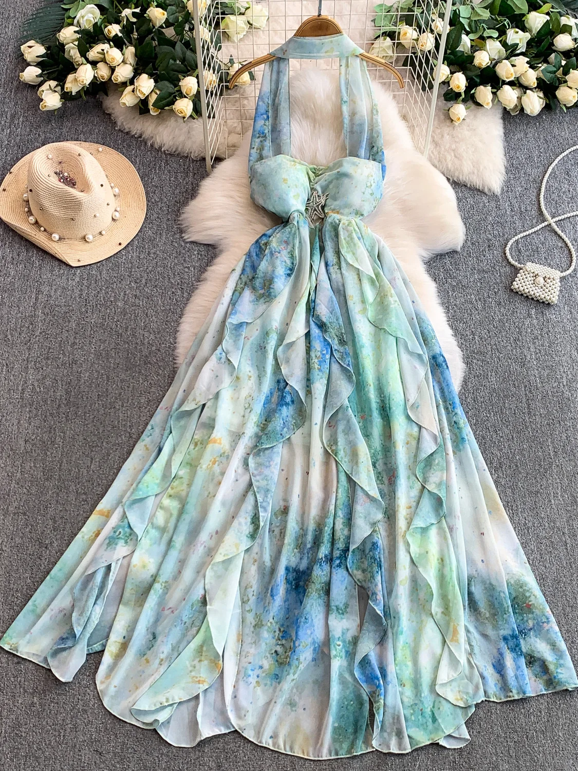 Sexy Bal Ne Hanging Long Dr Autunno da donna Bella scena fotografica Riduzione dell'età Gonna Gored con stampa floreale Dr