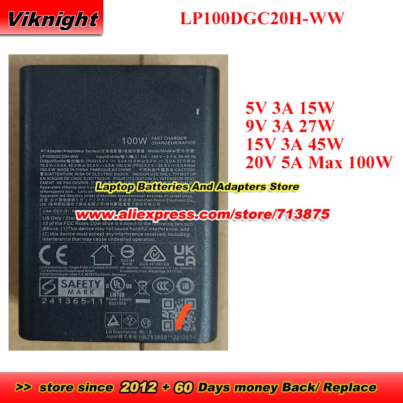 Genuine LP100DGC20H-WW AC Adapter For LG 20V 5A 100W Type-C Power Adapter Charger Power Supply