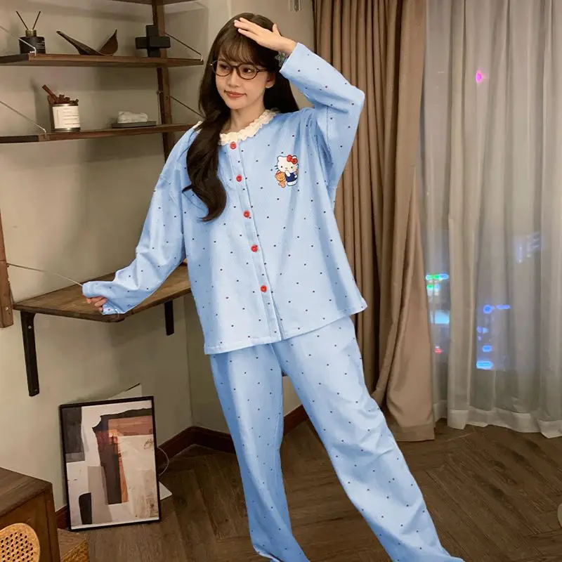 

Hello Kitty Women's Fall Cotton-like Cardigan Pajama Set Sweet Round Neck Long Sleeve Pants Cozy Kawaii Loungewear