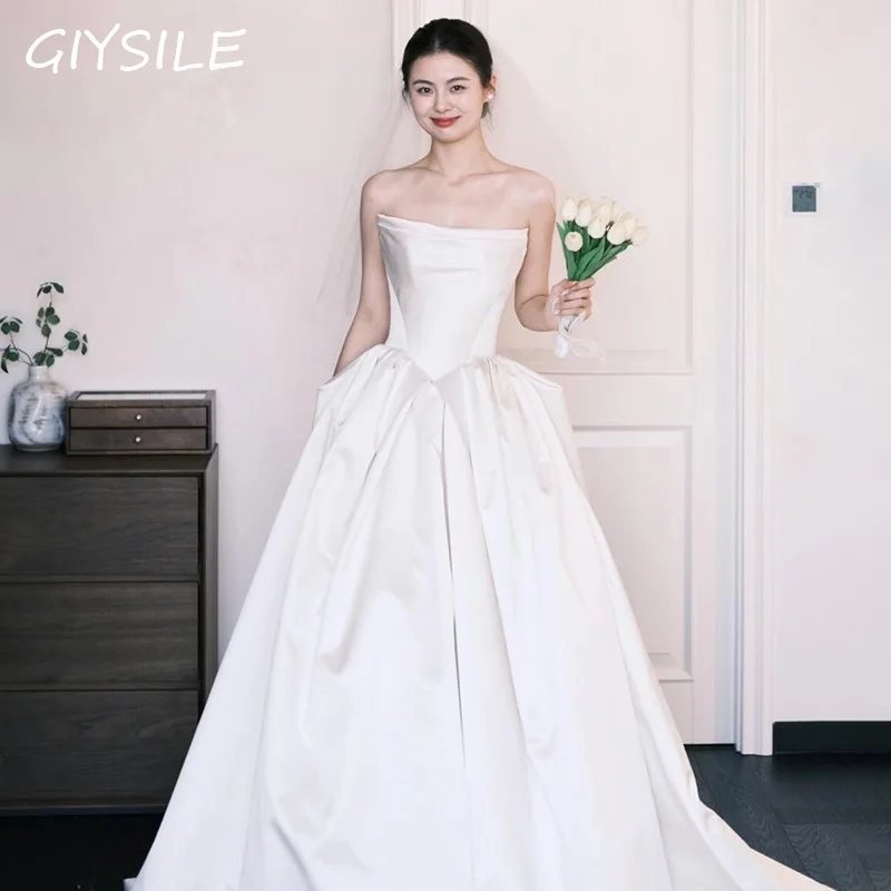 

GIYSIL Dress French Retro Light Wedding Dress Tube Top Satin Bridal White Dress Engagement Small Tail Banquet Evening Dresses