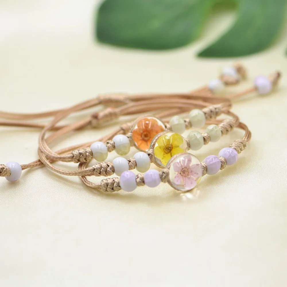 Cute Jingdezhen Ceramic Glass Ball Dried Flower Plant Real Flower Handmade Woven String Bracelets for Women Summer Boho Jewelry