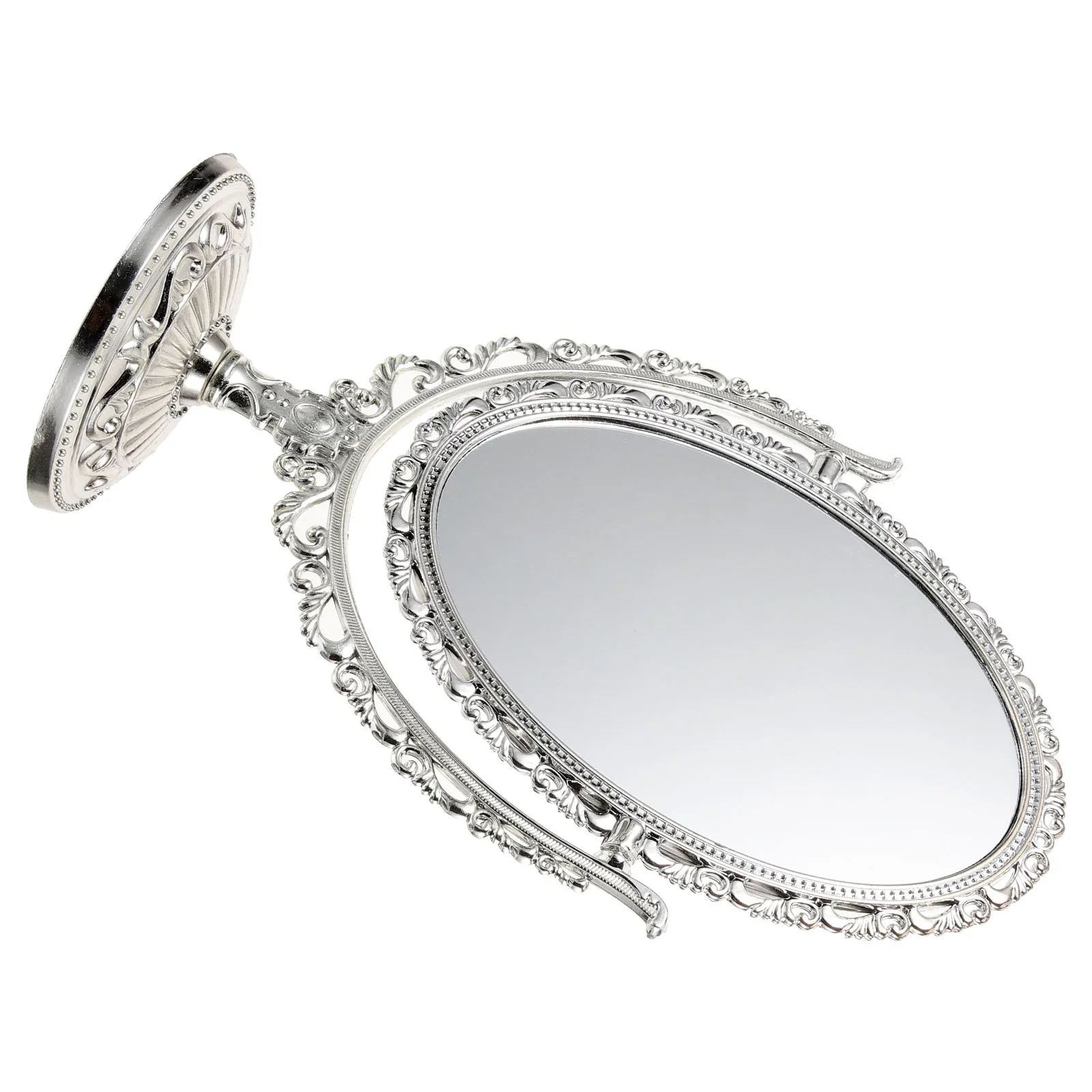 1 pçs estilo europeu espelho retro dupla face oval espelho de maquiagem para casa banheiro quarto prata 360 graus rotativo