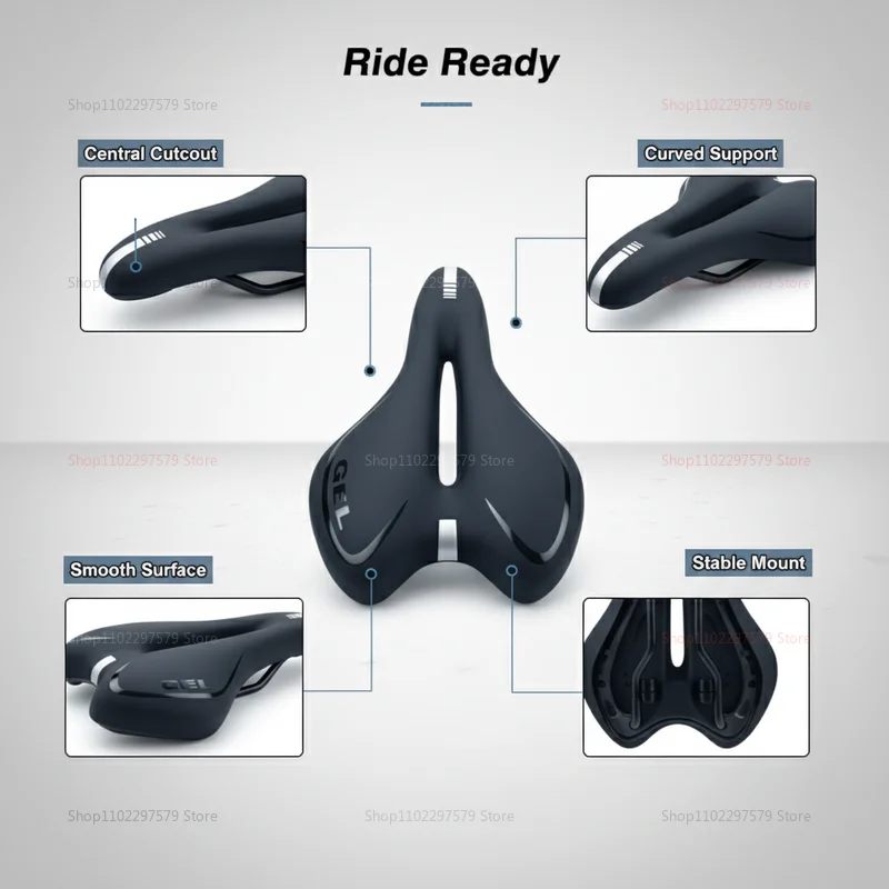 Road bicycle saddle, made of shock-absorbing polyurethane leather material with a hollow interior. Bicycle accessory for riding.