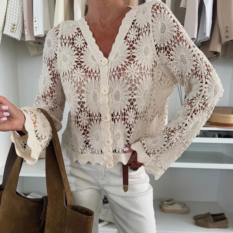 

Elegant Single Breasted Long Sleeved Beach Top Holiday Solid Color Sunscreen Blouses Ladies Fashion V Jacquard Knitted Cardigan
