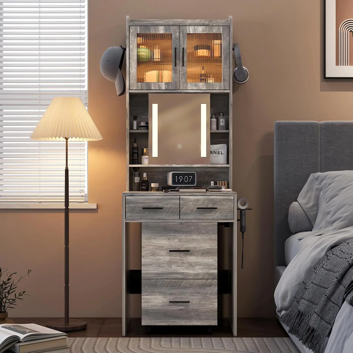 

Desk Set with Lighted Mirror Cabinet, Makeup Vanity Table with Storage Chair for Small Space, Dressing Table