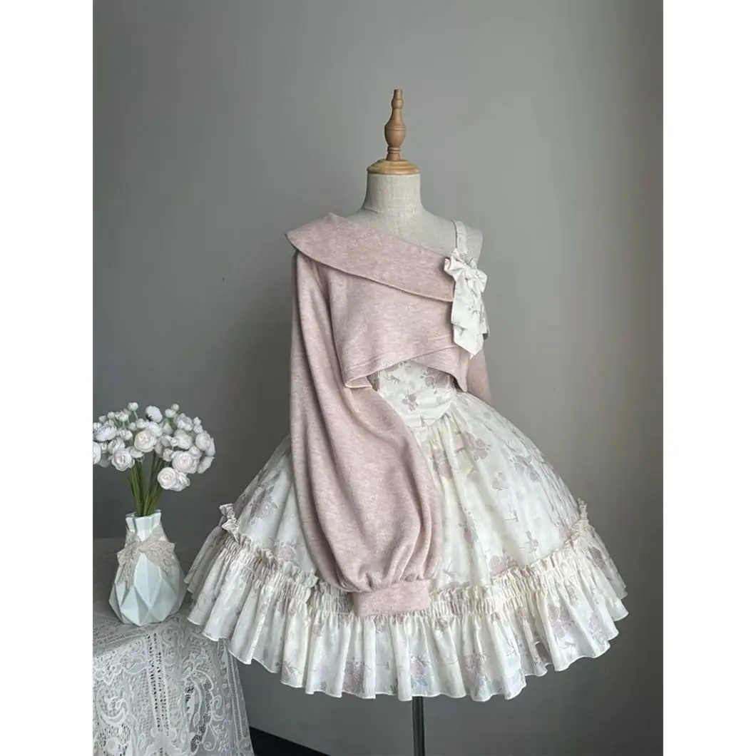 Sweet Lolita Style 2 Piece Dress Set Women Bow Short Coat Kawaii Floral Mini Dress Female Korean Fashion Beach Party Suit