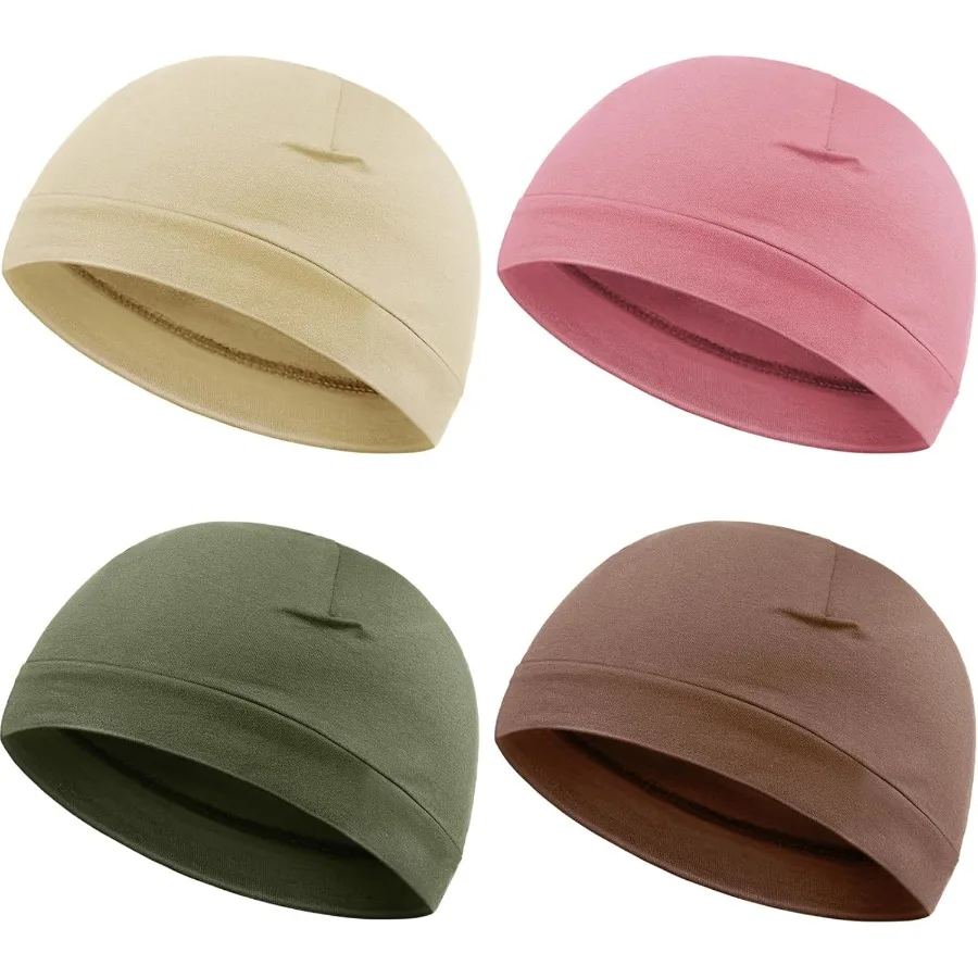 

Syhood 4 Pieces Men Skull Caps Soft Cotton Beanie Hats Stretchy Helmet Liner Multifunctional Headwear for Men Women