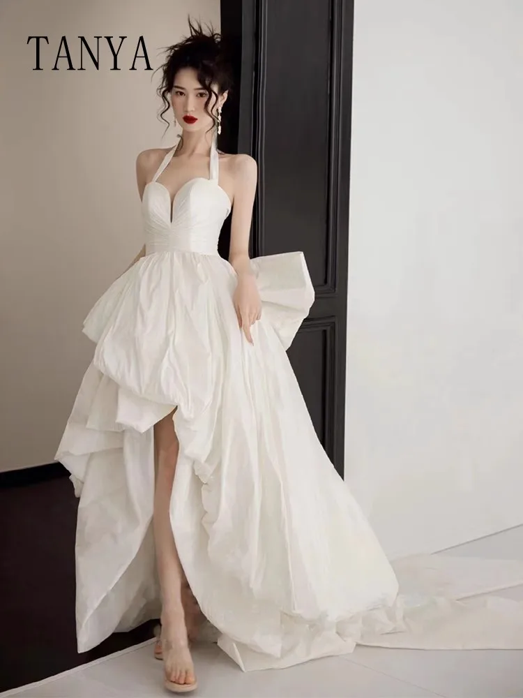 Vestido de novia Alto y Bajo con cola de lazo desmontable, romántico, sin mangas, cuello Halter, tafetán, vestidos de baile de novia