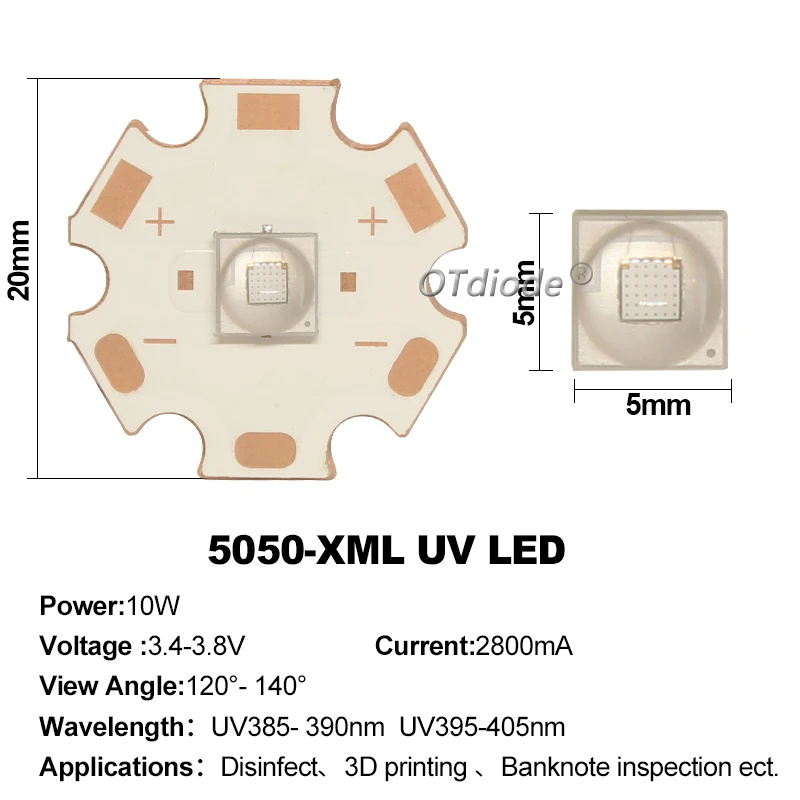 10W 5050 XML UV LED Beads XML2 SMD Chip Purple 3-3.7V 385nm 395nm 400nm Bead Diode Flashlight Part Accessory Printer Curing