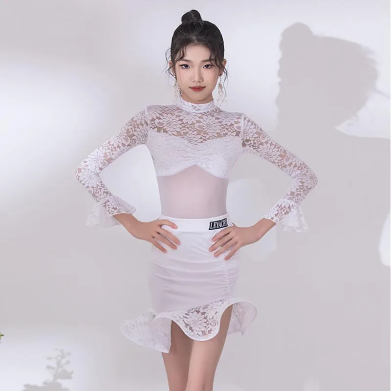 

White Latin Dance Suit Girls Lace Long Sleeve Dance Top ChaCha Competition Costume Tango Performance Clothes Kids Practice Skirt