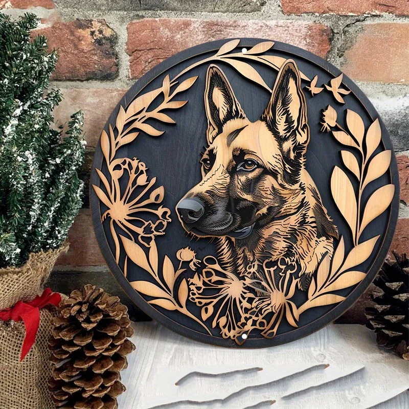 German Shepherd Aluminum Metal Wall Sign, Round Decorative Wreath with Dog Image, Door Hanger, Home Art Decor