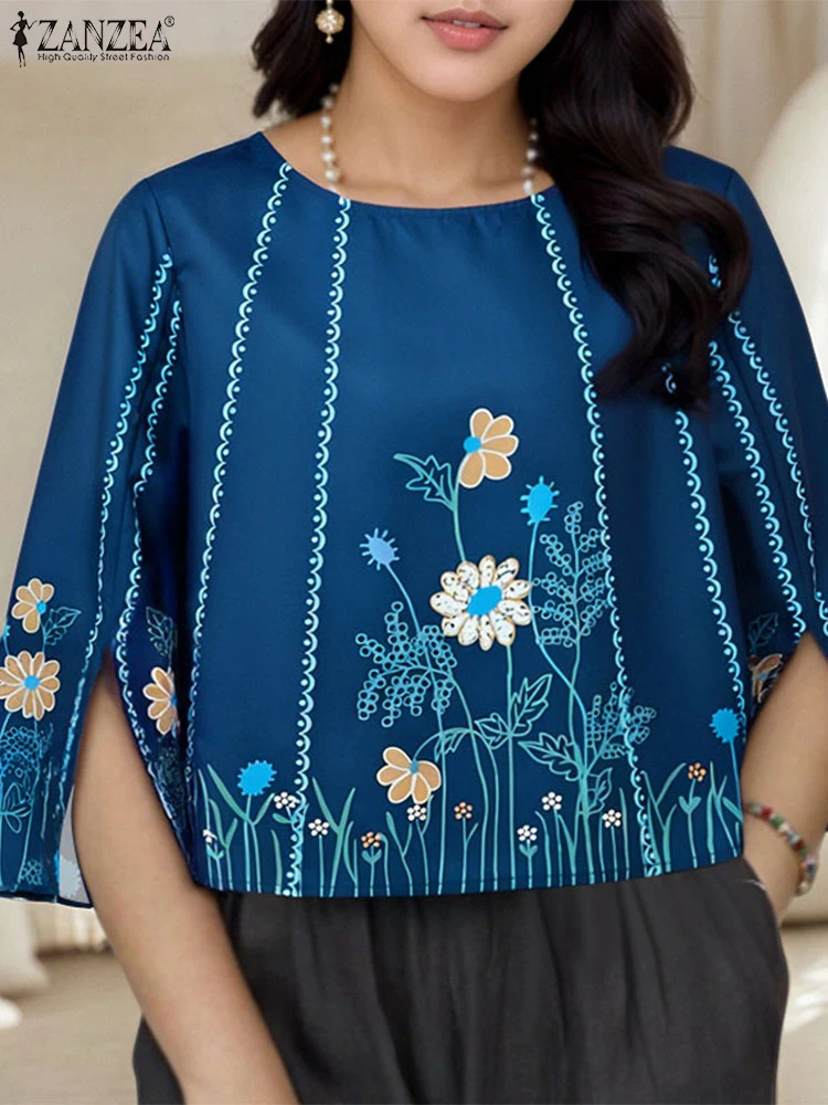 

Floral Print Women Blouse Summer Spring 3/4 Sleeve ZANZEA Fashion O Neck Tops Tee Casual Female Blusas Streetwear Tunic S-3XL