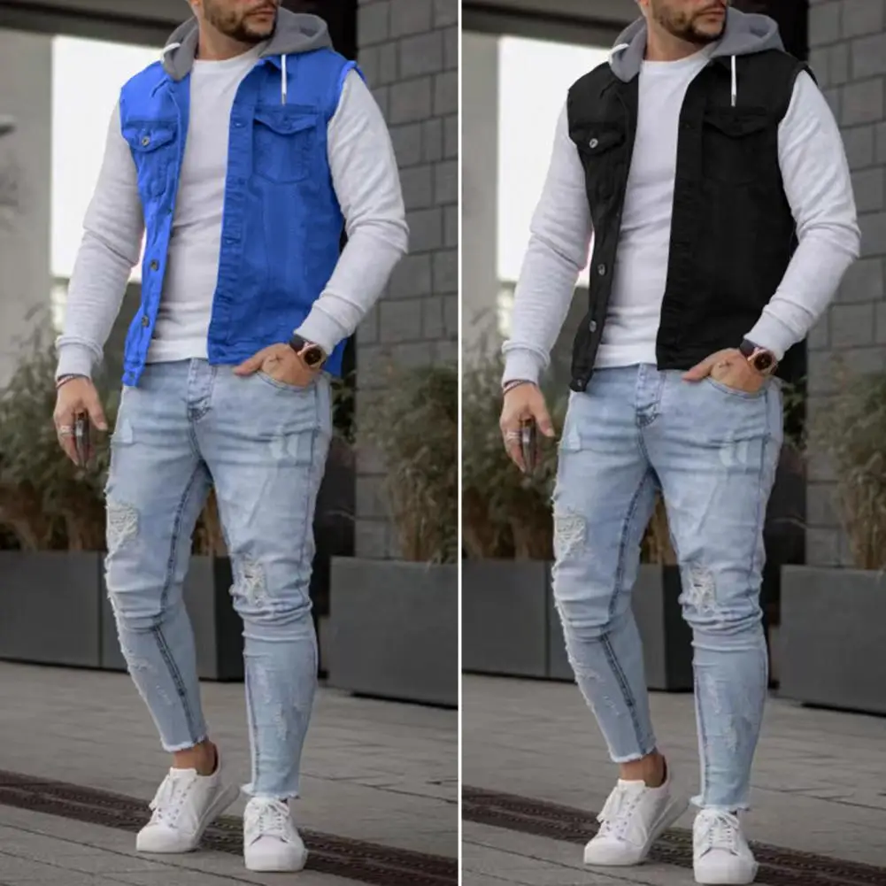 Autumn Winter  Stylish Drawstring Buttons Waistcoat Male Cargo Vest Hood   for Dating