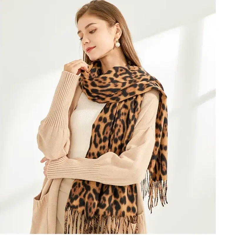 Leopard Cashmere Scarf Tassel Shawl Wraps For Women Neckerchief Winter Warm Blanket Stoles Thick Soft Pashmina 2024 Muffler