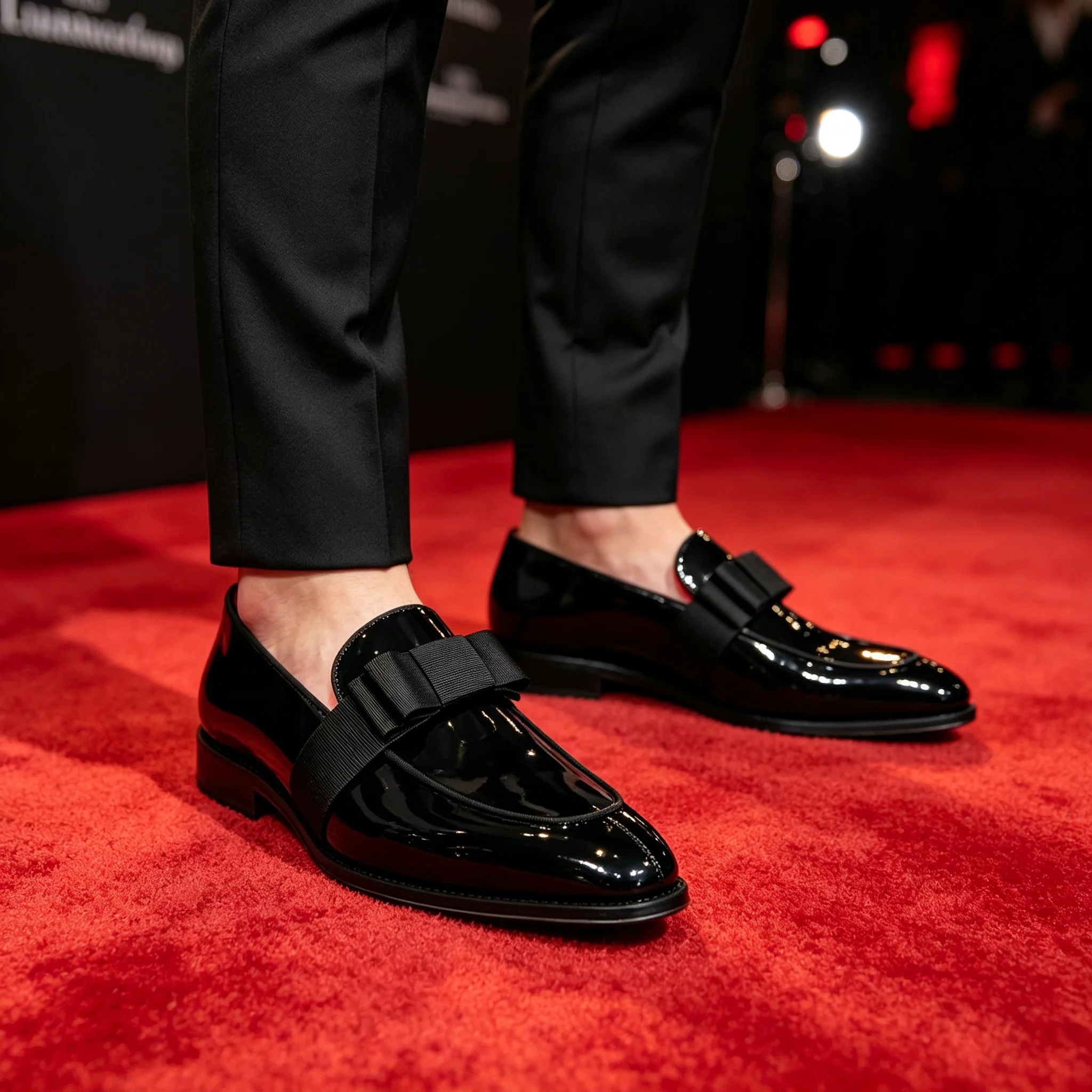 Men Black Patent Leather Bow Loafers Pointed Toe Slip On Dress Shoes Satin Bowtie Formal Wedding Banquet Footwear
