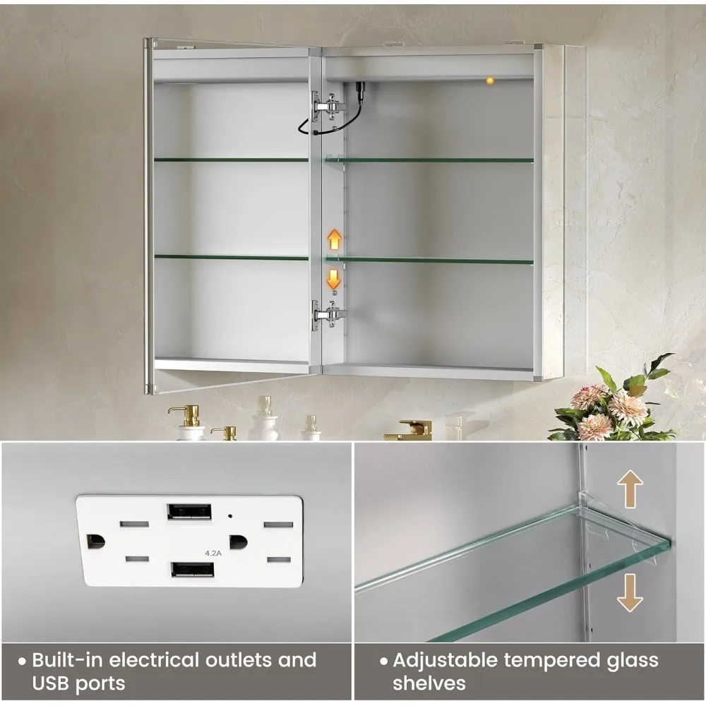 خزانة طبية مضاءة بإضاءة LED مقاس 20 × 26 مع أضواء ومنافذ USB، مرآة خزانة طبية مثبتة على السطح أو الحمام