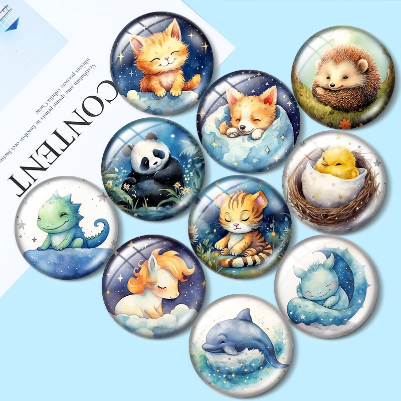 Watercolors Of Sleeping Animals 10pcs 12mm/18mm/20mm/25mm Round photo glass cabochon demo flat back Making findings