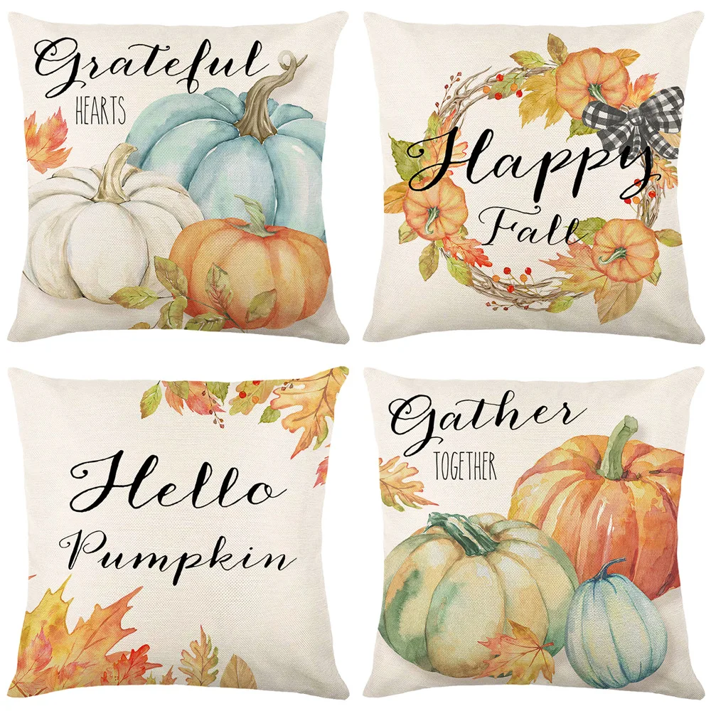 

Watercolor Pumpkin Maple Leaf Pillow Cover Thanksgiving Decorations Plant Print Cushion Cover Autumn Home Decor Sofa Pillowcases