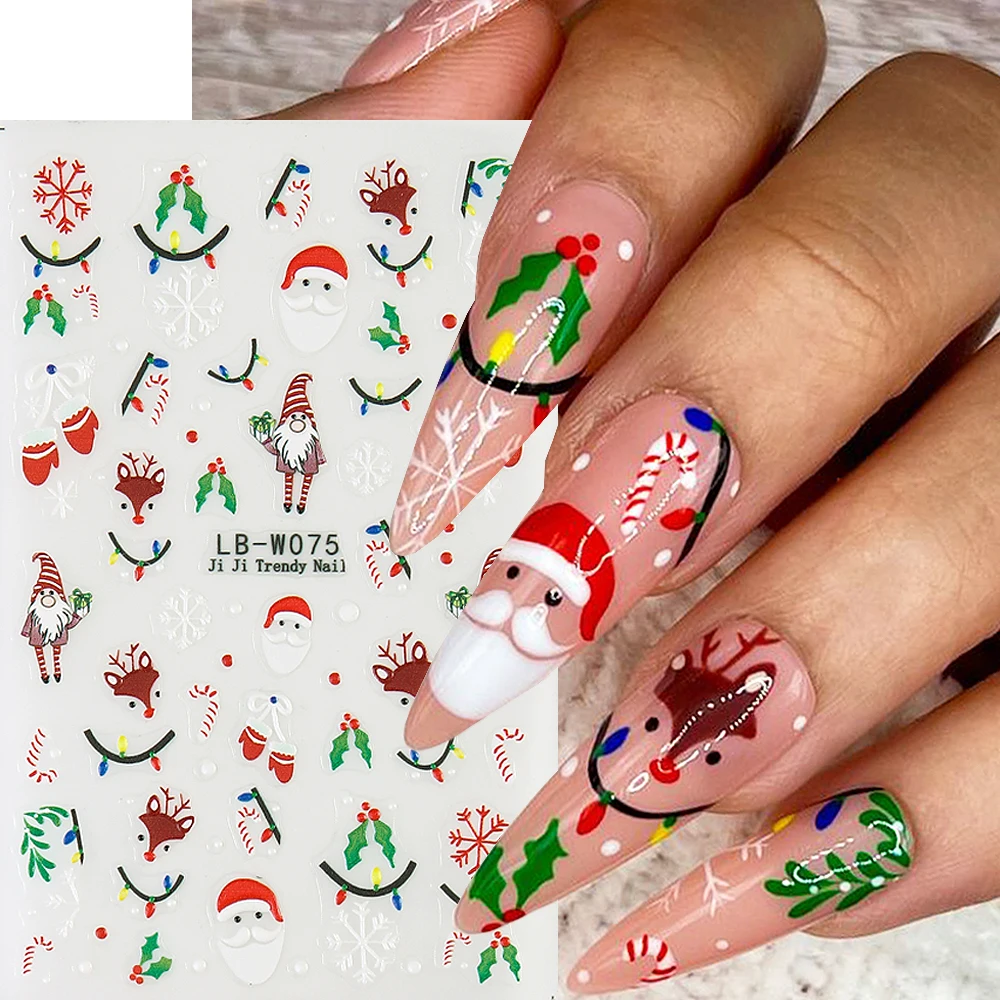 Christmas 5D Embossed Nail Stickers Colorful Neon Santa Claus Elk Christmas Tree Stripe Line Design Manicure Accessories LB-W075