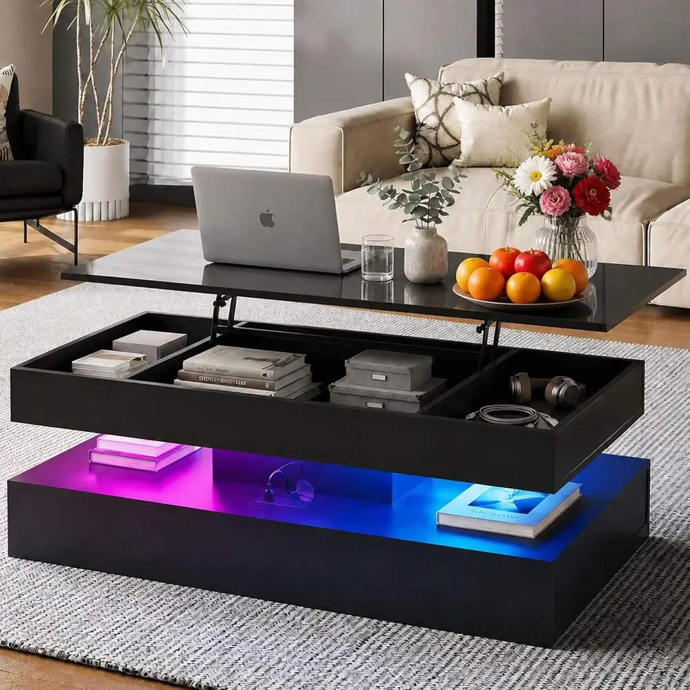 Glossy 47 LED-Illuminated Coffee Table with Sliding Drawers, Open Storage, Ambient Light for Living Room, Black