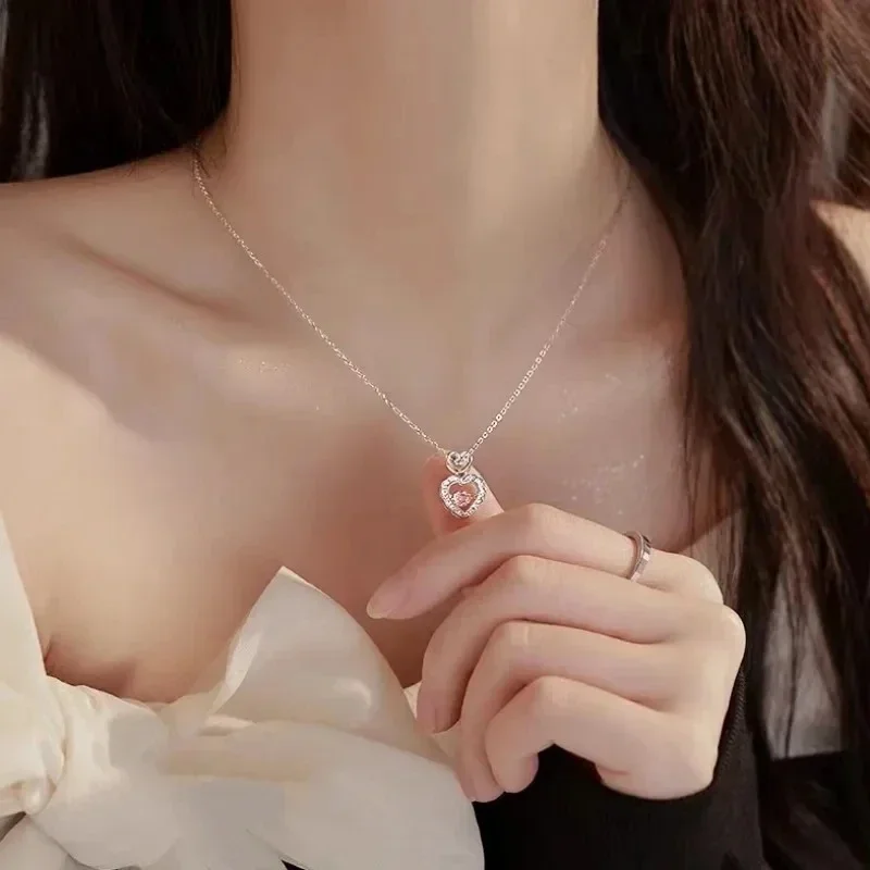 Korean Fashion Sweet Heart Shaped Necklace For Women Crystal Zircon Pendant Clavicle Chain Elegant Romantic Party Gift Jewelry