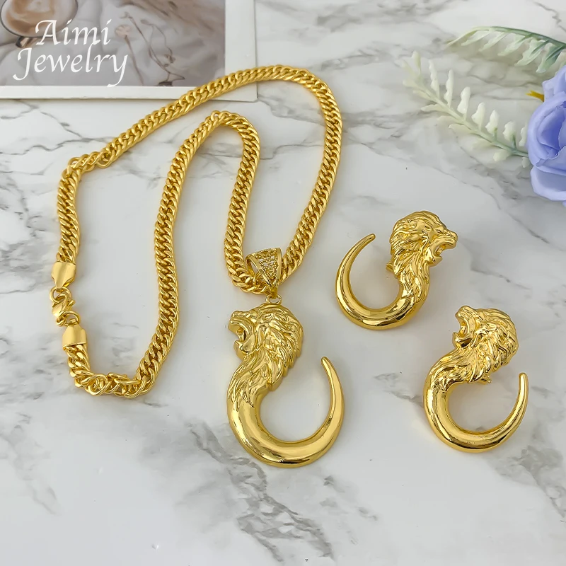 Women's Lion Hook Pendant Necklace & Earrings Set