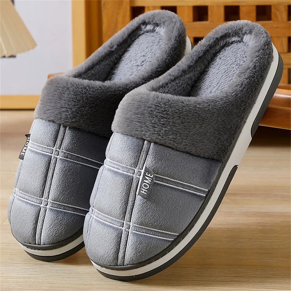 Large Size Men's Plaid Home Slippers Memory Foam Winter Warm Plush Indoor Non-slip Floor Slides Fashion Cotton Couple Slippers