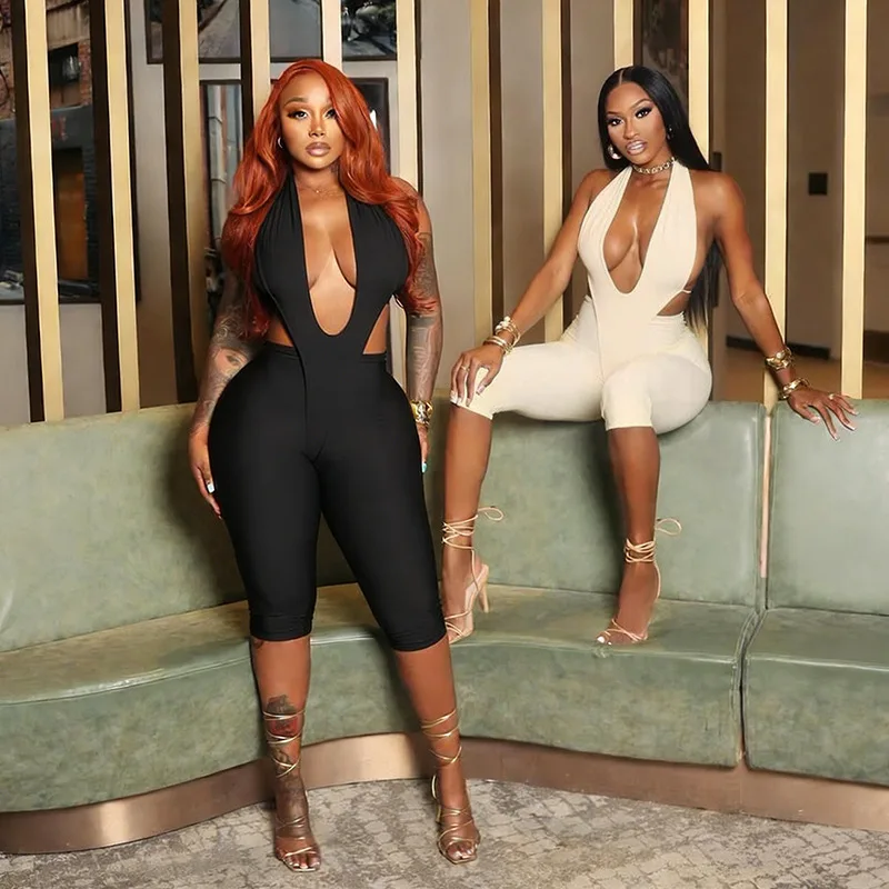 

Fake Two-piece Knee Length Jumpsuits Women Solid Sexy Deep V Neck Halter Backless Lace Up Peach Hip Skinny Rompers Clubwear