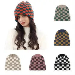 Winter Knitted Hat for Women Checkered Plaid Skullies Beanies Ins Luxury Brand Y2k Bonnet Heavy Warm Hat Casual Cap for Girl Boy