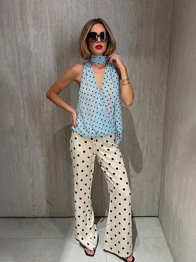 HH Women's Summer Light Blue Polka Dot Halter Top Tie Neck Wrap V-Neck Sleeveless Loose Fit Tank Elegant Vacation Casual Wear