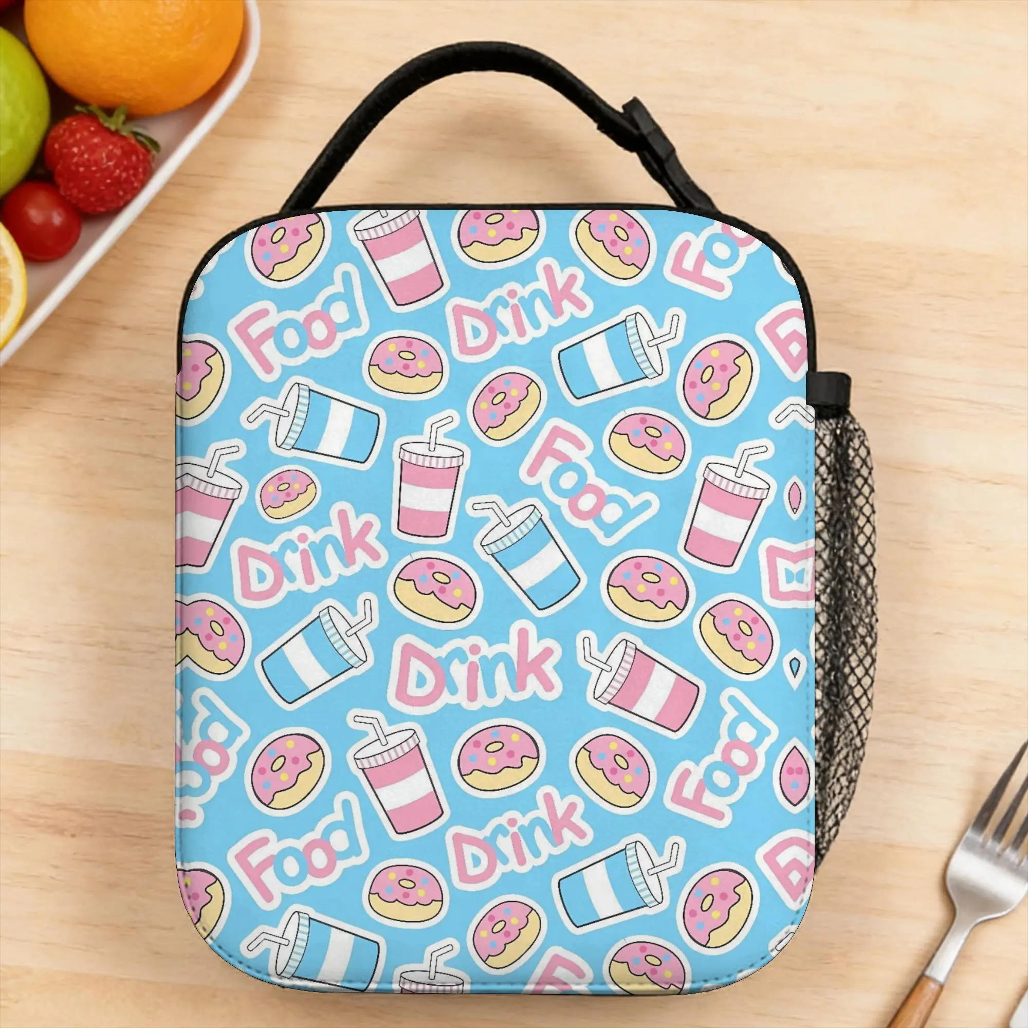 Donuts And Candies On Light Blue Pattern Lunch Bag Portable Thermal Tote Handbags For Child Waterproof Designer Cooler Bag