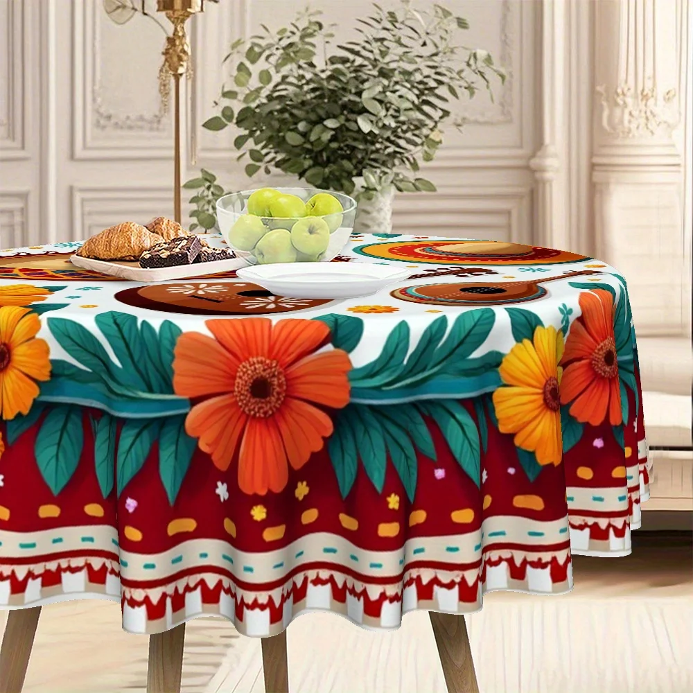 2D printed peach skin material, Christmas, Mexico - Fiesta - style round tablecloth